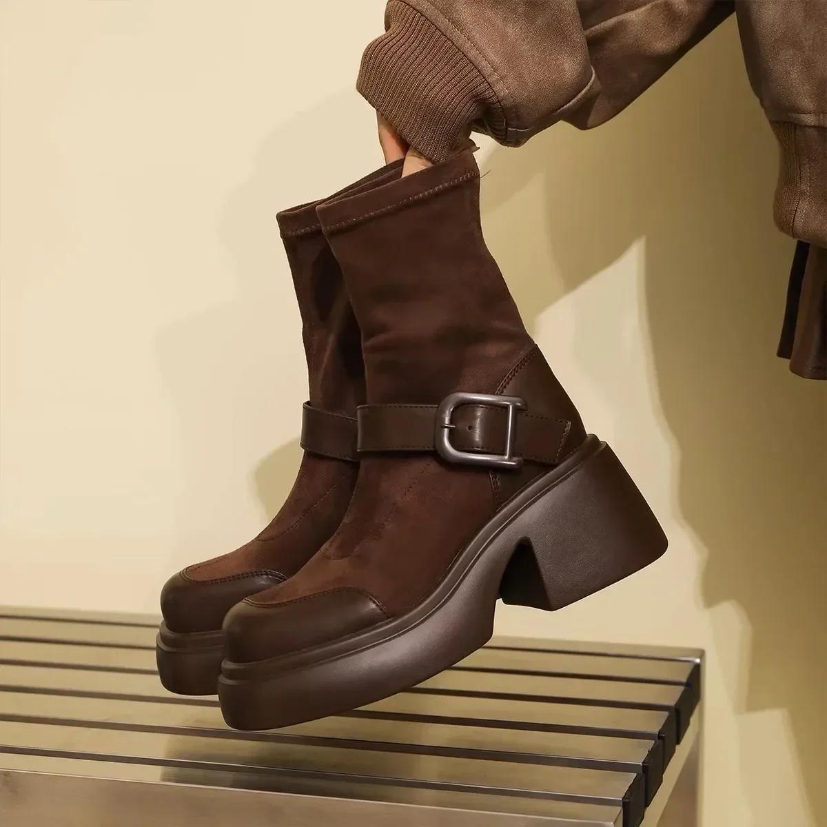 

2024 Brown Long Boots Women Platform Elastic Socks Boots British Wind Show Thin Metal Buckle Ankle Boots 35