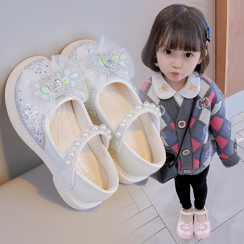 Girls Leather Shoes Children's Princess Crystal Shoes 2025 Spring and Autumn New Casual Single Shoes Rhinestone Soft Sole Girls Performance Shoes