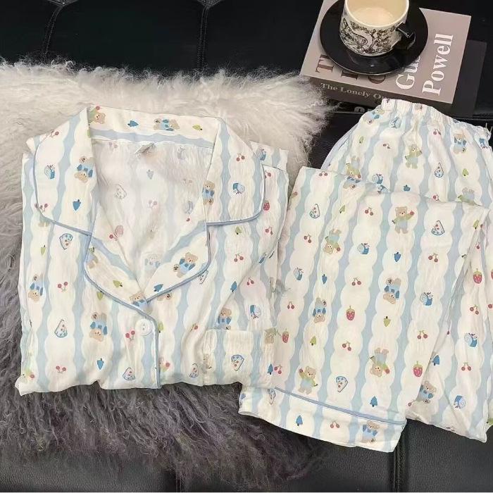 Women's Spring & Autumn Cloud Cotton Pajama Set - Thin Print & Embroidery, Loose Fit, Long Sleeve & Pants Home Wear.