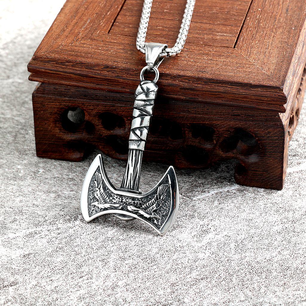 European American Viking Double Axe & Raven Wolf Titanium Steel Pendant Necklace for Men