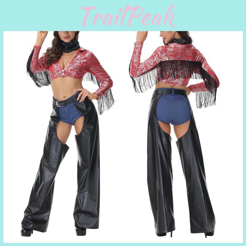 Sexy Tassel Western Denim Cosplay Clothing For Women Halloween Entertainment Cotton Blend Outfit
