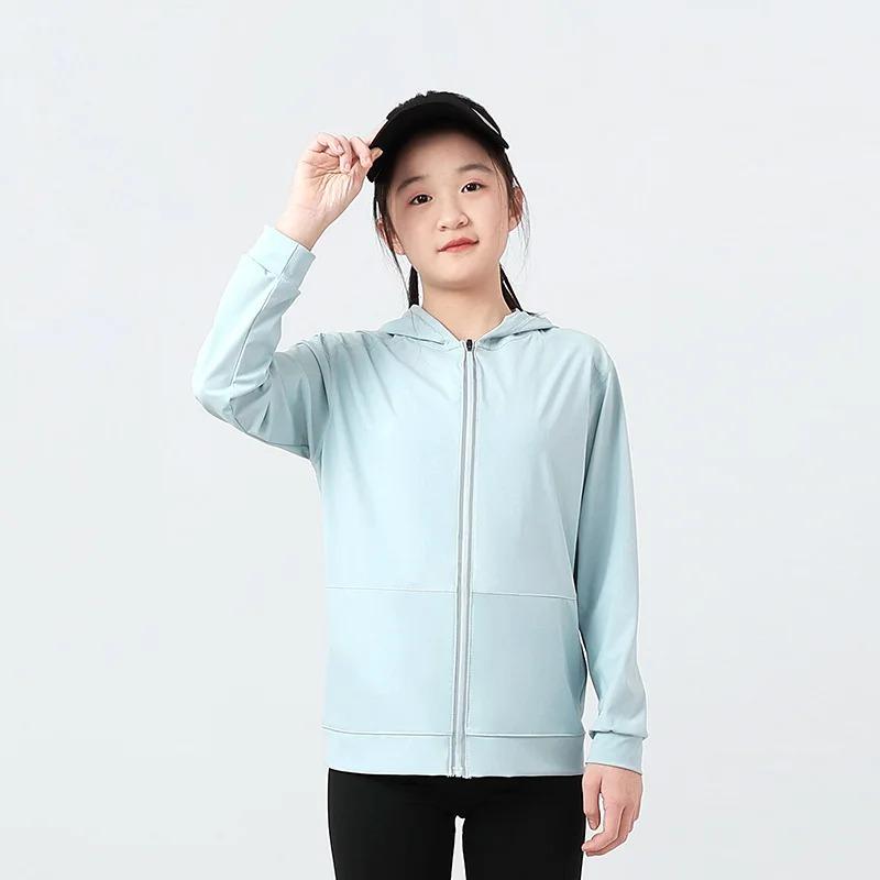 

Летняя верхняя одежда для детей-подростков, ультратонкая солнцезащитная одежда, приятная для кожи спортивная одежда из ледяного шелка с капюшоном для девочек, быстросохнущая одежда 150cm