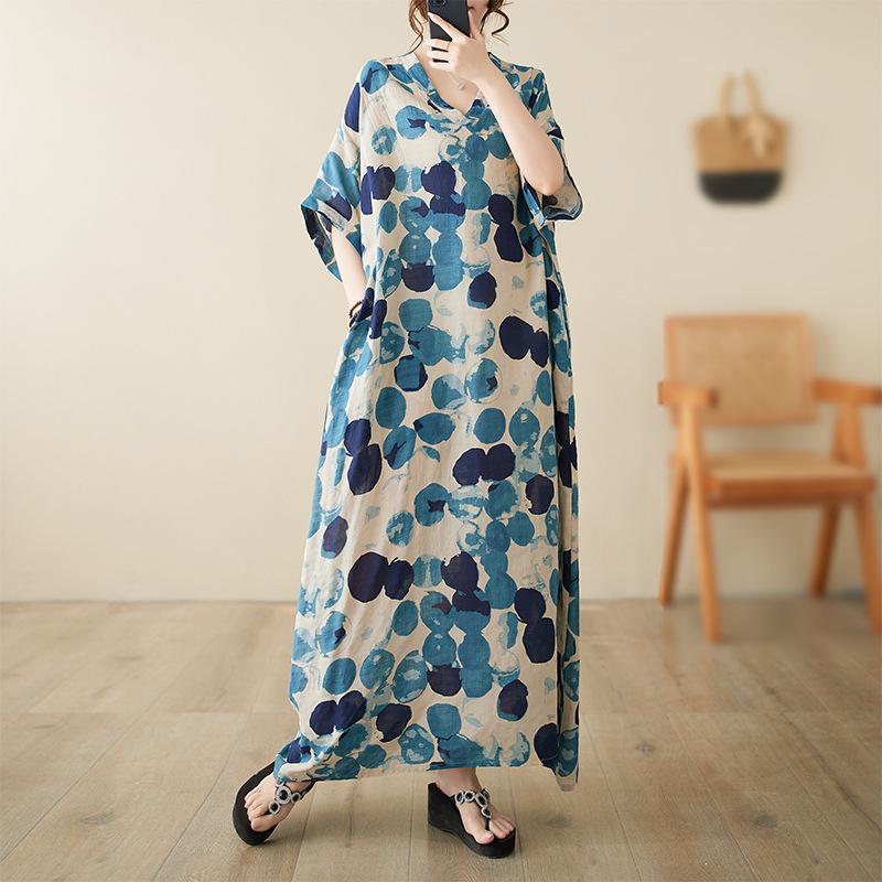 Retro Sukienka Plażowa z Dekoltem V i Luźnym Krojem - Lato 2024 Bawełna Len Narzutka Plus Size