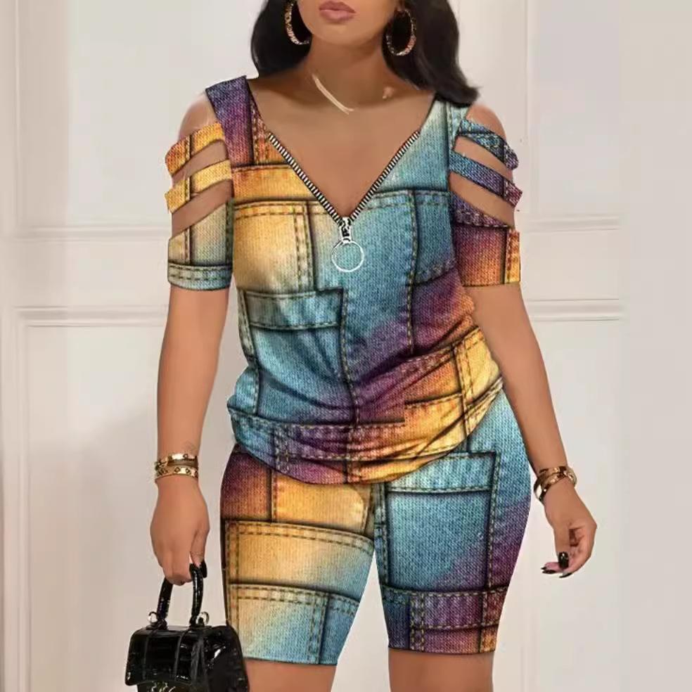 Sommermodischer 2-teiliger Anzug mit bedruckten T-Shirts und kurzen Hosen, lässige Outfits für Damen in Übergröße