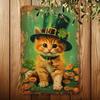 Vintage Metal Poster Cat Leprechaun Hat Irish Decor for Wall