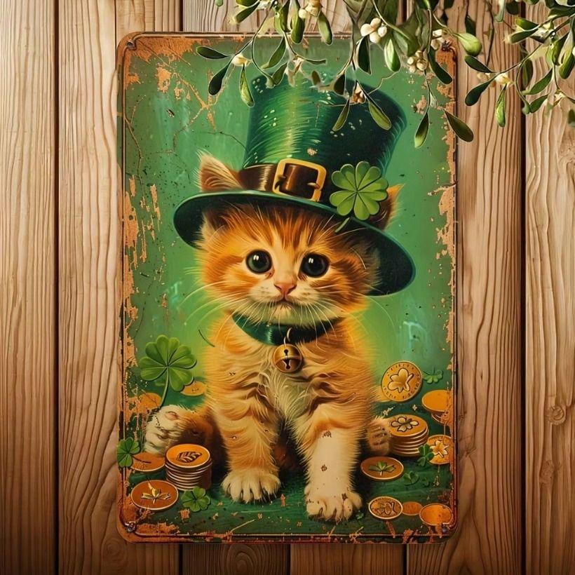 Vintage Metal Poster Cat Leprechaun Hat Irish Decor for Wall