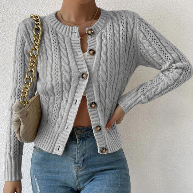Women's Crew Neck Long Sleeve Cable Knit Button Down Cardigan Loose Fit Casual Sweater