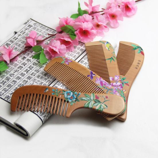 Painted Flower Peach Wood Healthy Scalp Comb Hair Massage Anti-Static Care Tool