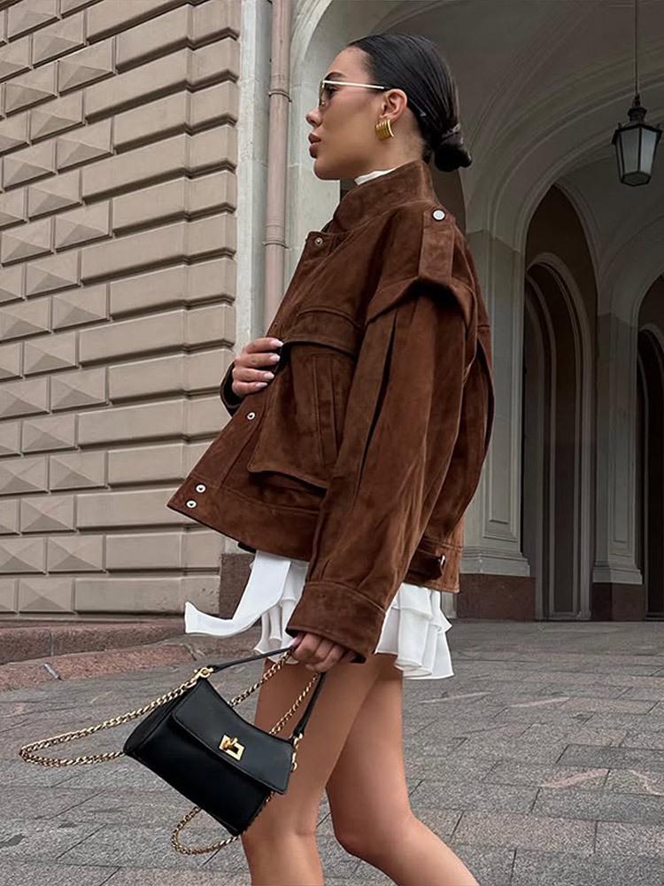 2025 Autumn/Winter European & American Melaude Suede Long Sleeve Pocket Loose Jacket for Women