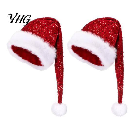 Sparkly Christmas Performance Hats Long Santa Hat for Party, Sequin Plush Xmas Comfortable Trim with Fur Ball Adults, Festive Holiday Costume