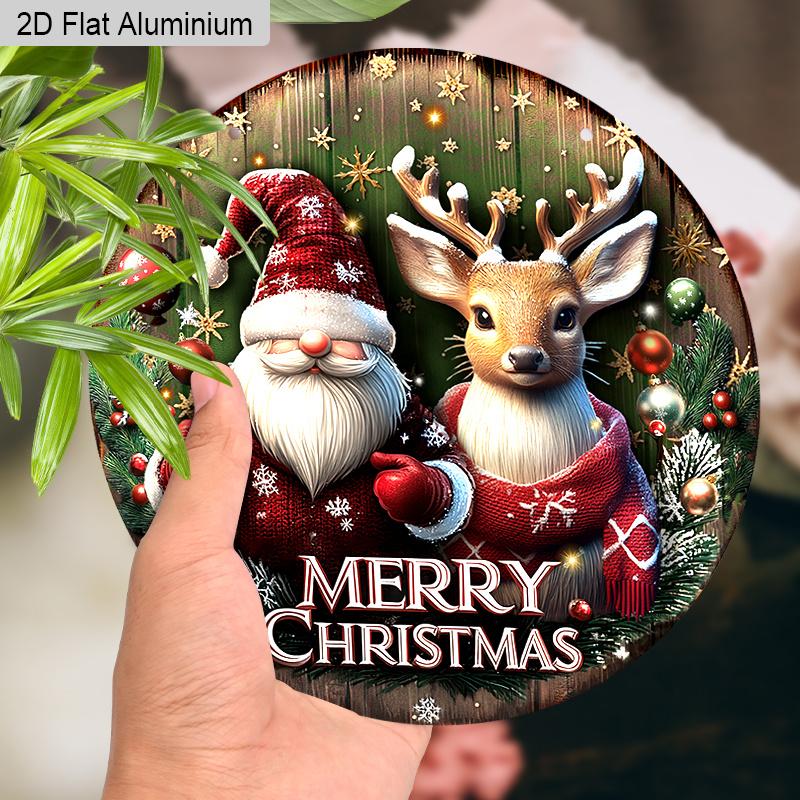 Panneau de Noël Plat en Aluminium 2D avec Motif Père Noël et Élan - Ornements Figurines Rustiques - Idéal pour Porte d'Entrée, Mur, Porche, Décoration de Fenêtre - Idéal