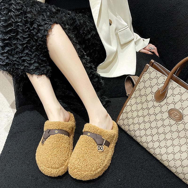 Niche Mao Mao Slippers Women's Wear 2025 New Autumn and Winter Internet Celebrity Versatile Lamb Wool Thick-bottomed Cotton Slippers