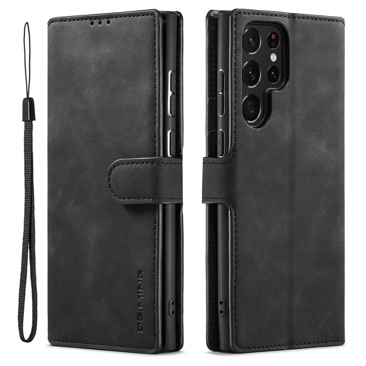 

DG.MING For Samsung Galaxy S23 Ultra Retro PU Leather Anti-drop Cover Flip Stand Wallet Phone Case Black