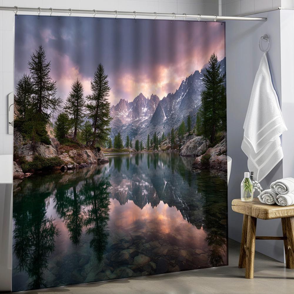 1Pc Nature Scene Shower Curtain - Majestic Mountains & Serene Lake Reflections, 70.8X70.8 Inch, Polyester, Outdoor Home Decor