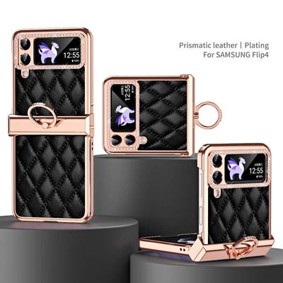 Luxury Plating Case For Samsung Galaxy Z Flip 4 Flip4 ZFlip4 Diamond PU Leather Plastic Shockproof 360 Ring Holder Phone Cover