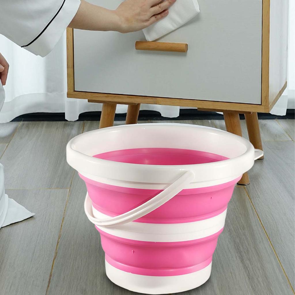 PINK Portable folding bucket, silicone plastic car bucket, children's outdoor fishing bucket, travel home multifunctional bucket