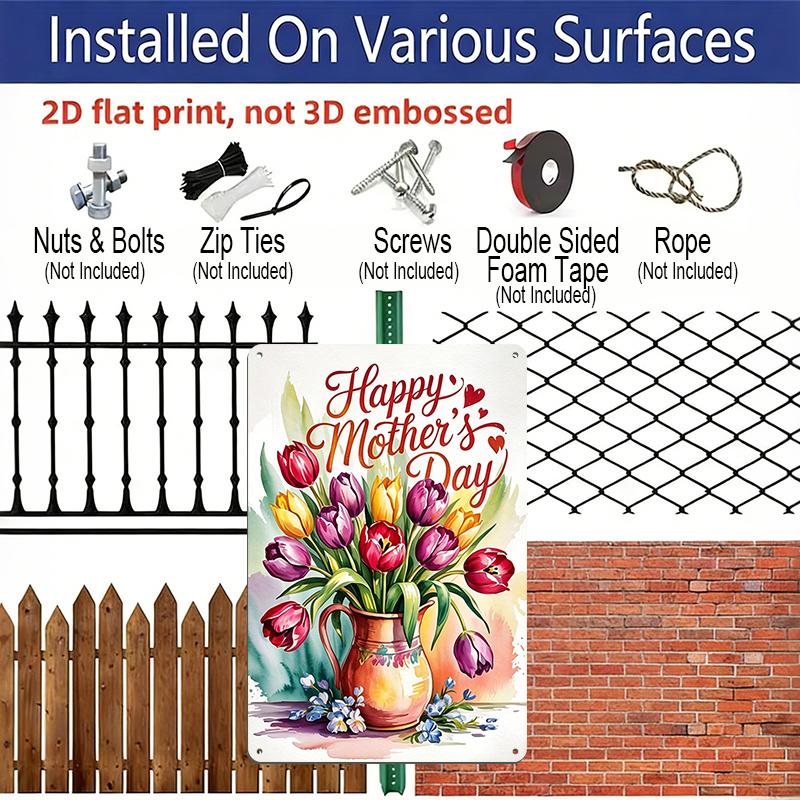 2D Flat, 1pc Tulip Vase Metal Wall Art Sign "Happy Mother's Day" - 8*12 Inch Aluminium Rustic Home Kitchen Decor, Living Room Wall Art, Sweet Gift