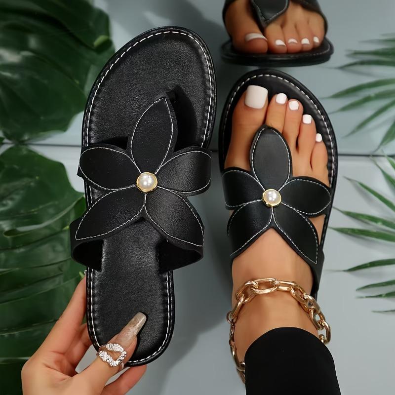 Women'S Elegant Black Floral Sandals - Comfortable Flat, Slip-On, All-Season Footwear with Golden Accents, Perfect for Beach, Pool, and Outdoor