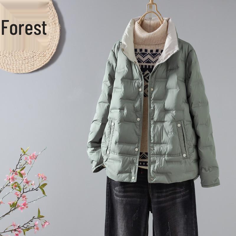 

Women s Lightweight White Duck Down Jacket - Autumn/Winter Stand-Up Collar, Casual, Short, Loose, Versatile Coat M зелений