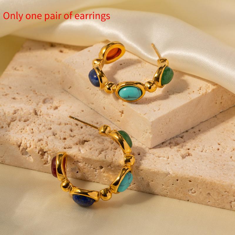 18k Gold Plating Stainless Steel Inlaid Natural Stone Cshaped Gift Earrings