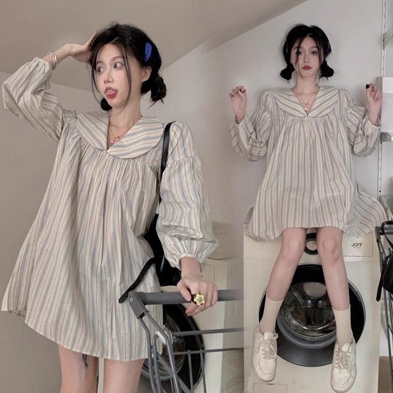Striped Women's Shirt Multi Colored Peter Pan Collar Lantern Sleeves Long Blouse Korean Style Spring New Loose Casual Cute Version Female Top