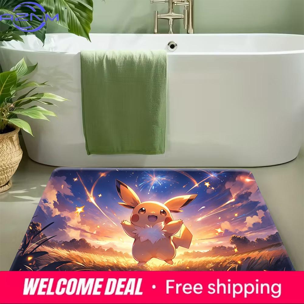 Pokemon Pichu Sunset Fireworks Print Non-Slip Doormat, Absorbent Floor Mat for Home Decor