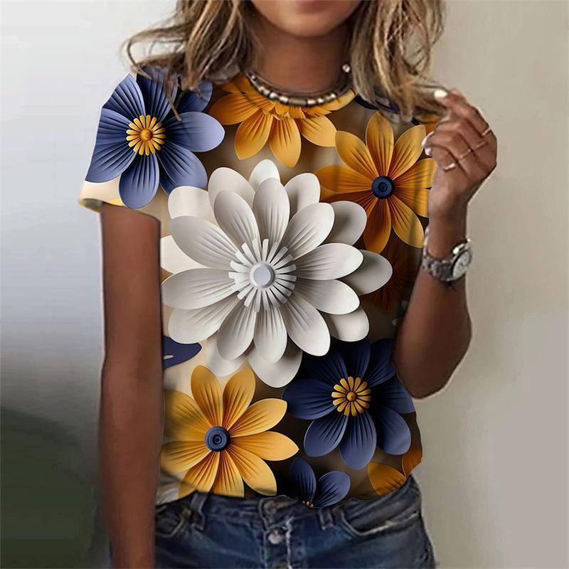 Summer Round Neck 3D Flowers Graphic Print Top Fashionable Casual Short Sleeved Women's T-shirts