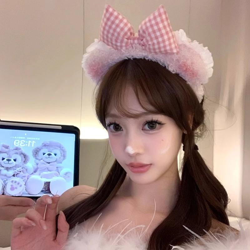 Autumn And Winter Bow Plush Cute Bear Lace Edge Headband Female Face Wash Headband High Skull Top Hairpin Advanced Sense