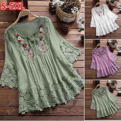 Plus Size Damenmode Spitze Patchwork Blusen V-Ausschnitt Dreiviertel Lose Tops T-Shirt