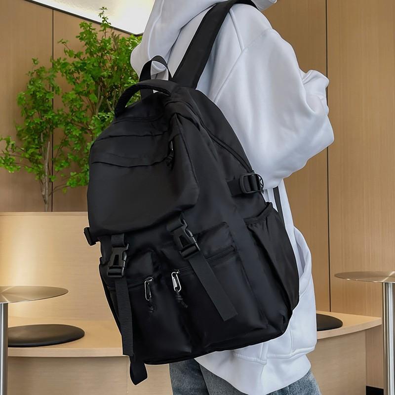Trendy Cool Pure Black Schoolbag Men's 2024 New College Student Backpack Women's Multi-pocket Large-capacity Casual