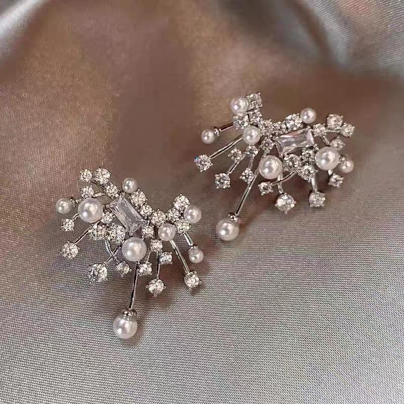 Elegant Korean Vintage Rhinestone Firework Double Row Imitation Pearl Stud Earrings for Women Earring Girl Party Wedding Jewelry