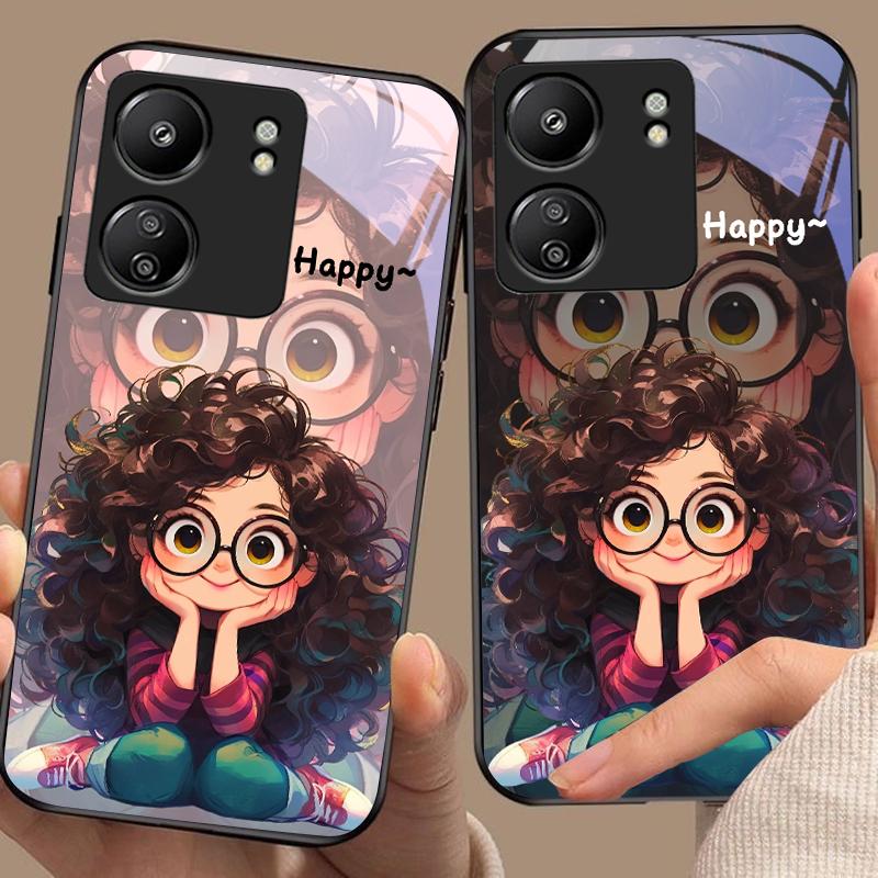 Curly Haired Girl For Xiaomi Redmi 13C Note13 12 Pro Plus 5G Note 9 13T Pro POCO X6 F5 F6 Black Tempered Glass Phone Case