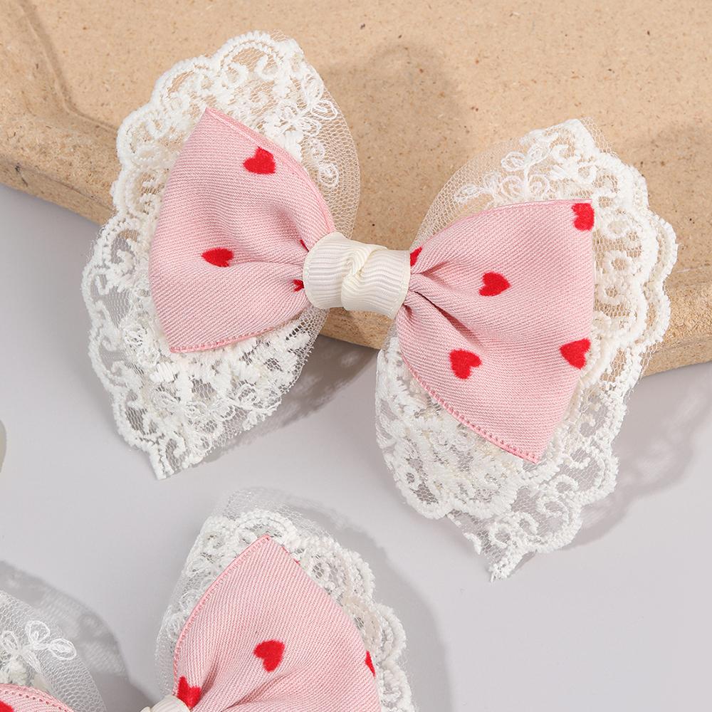 2Pcs Sweet Heart Print Hair Clips Flower Lace Hairpins Cute Pink Barrette For Girls Children Fashion Headdress Hair Accessories