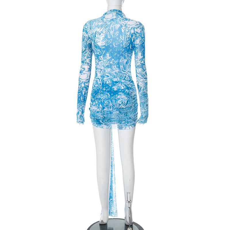 European Women's Summer Mesh Starfish Print Slim Dress with Sashes