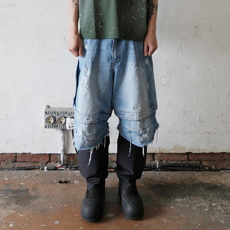 EastRogue Heavyweight Washed-out Distressed Splashed Ink Fringed Deconstructed Niche Vibe Denim Shorts