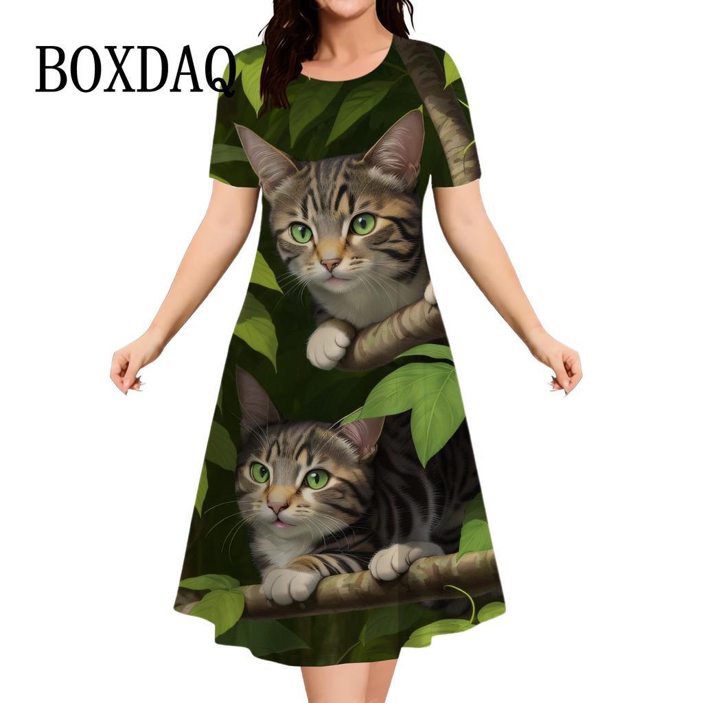 Women's 3D Graphic Animal Cat Dress Short Sleeve 3D Print Summer Dress Casual Daily Holiday Cute Loose Dress New