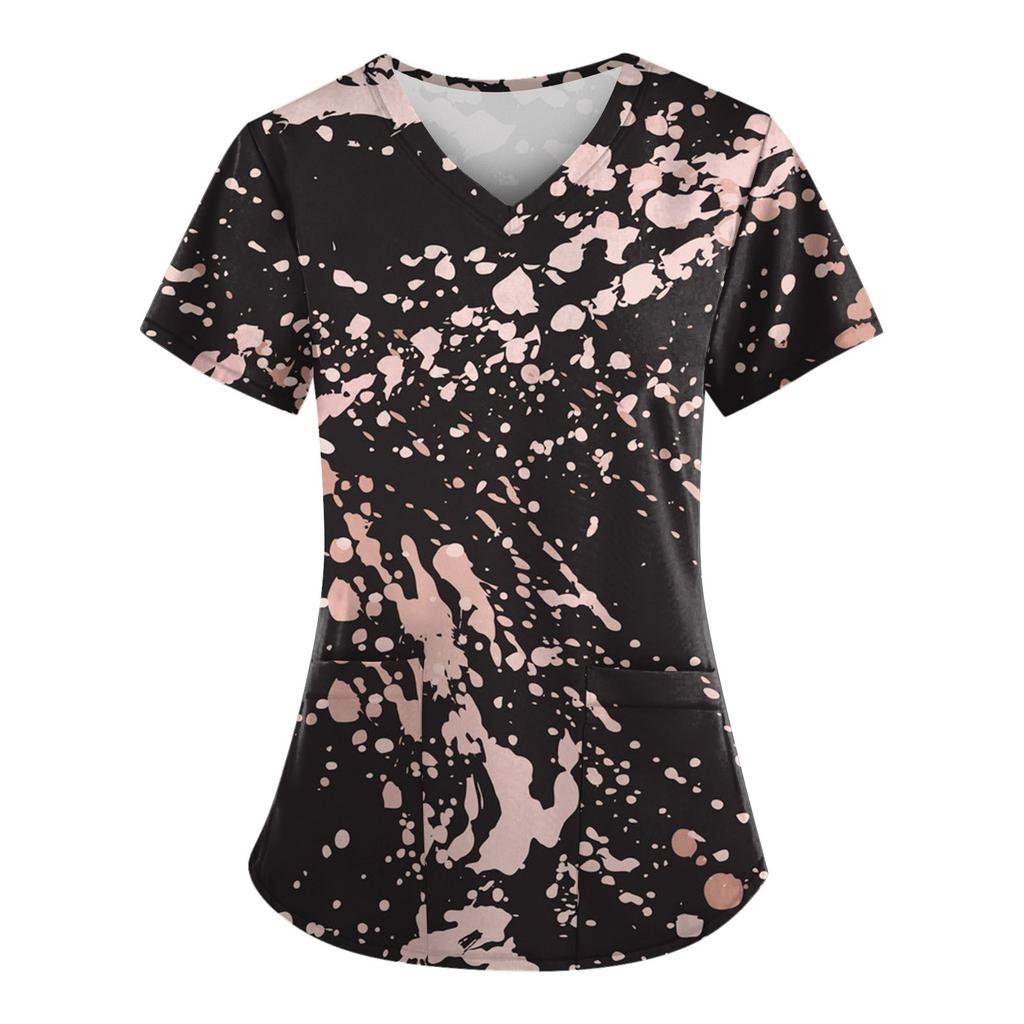 Women Fashion Spring And Summer Oil Painting Print V-neck Short Sleeve Workwear With Pockets Tops