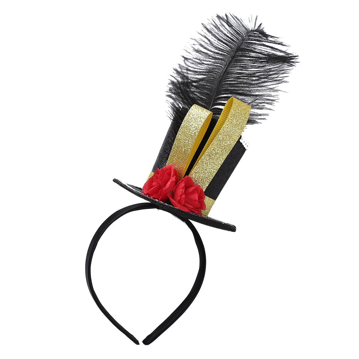 Girls Circus Ringmaster Costumes Mini Top Hat Steampunk Hair Hoop with Feather Rose for Halloween Carnival Theme Party Headband