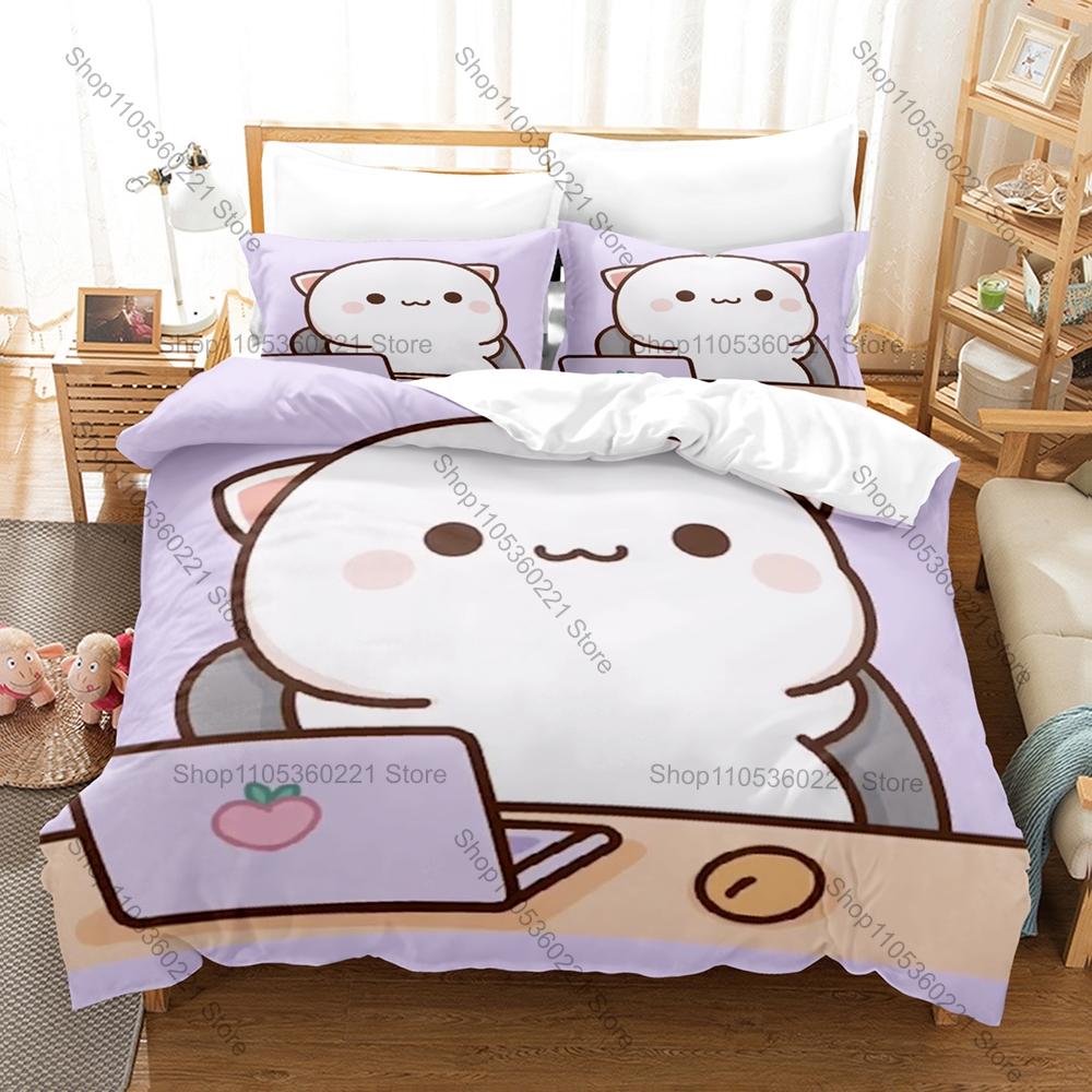 Popular Peach Cat IP Duvet Cover + 2 Pillowcases, Lovely Pink Cat Pattern Bedding Set for Fan Collection
