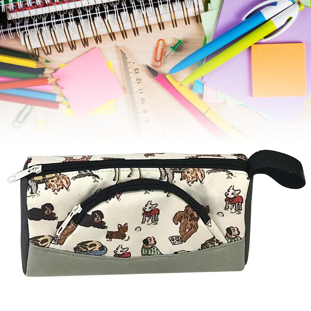 Canvas Pencil Case Large Capacity Double Layer Pen Pouch Cute Dog Stationery Storage Bag for