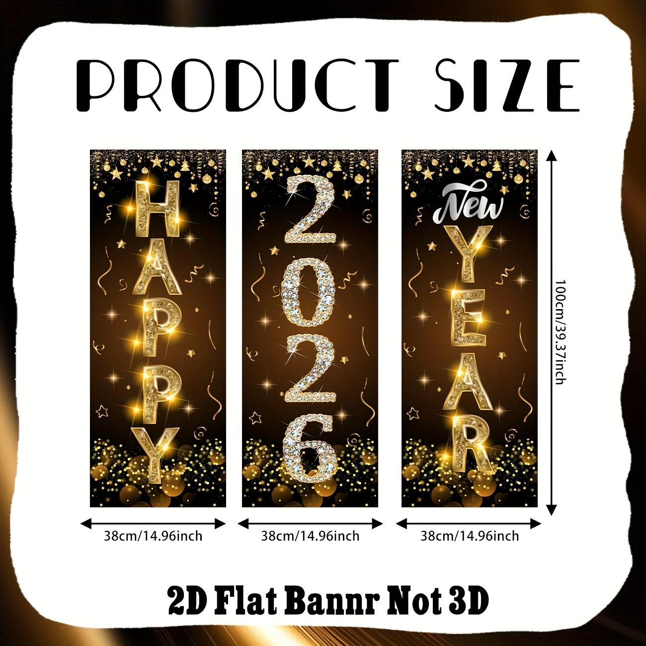 

3pcs 2026 New Year Decorations Happy New Year Banner Black Gold New Year Door Cover Hanging Decorations for New Years Eve Party