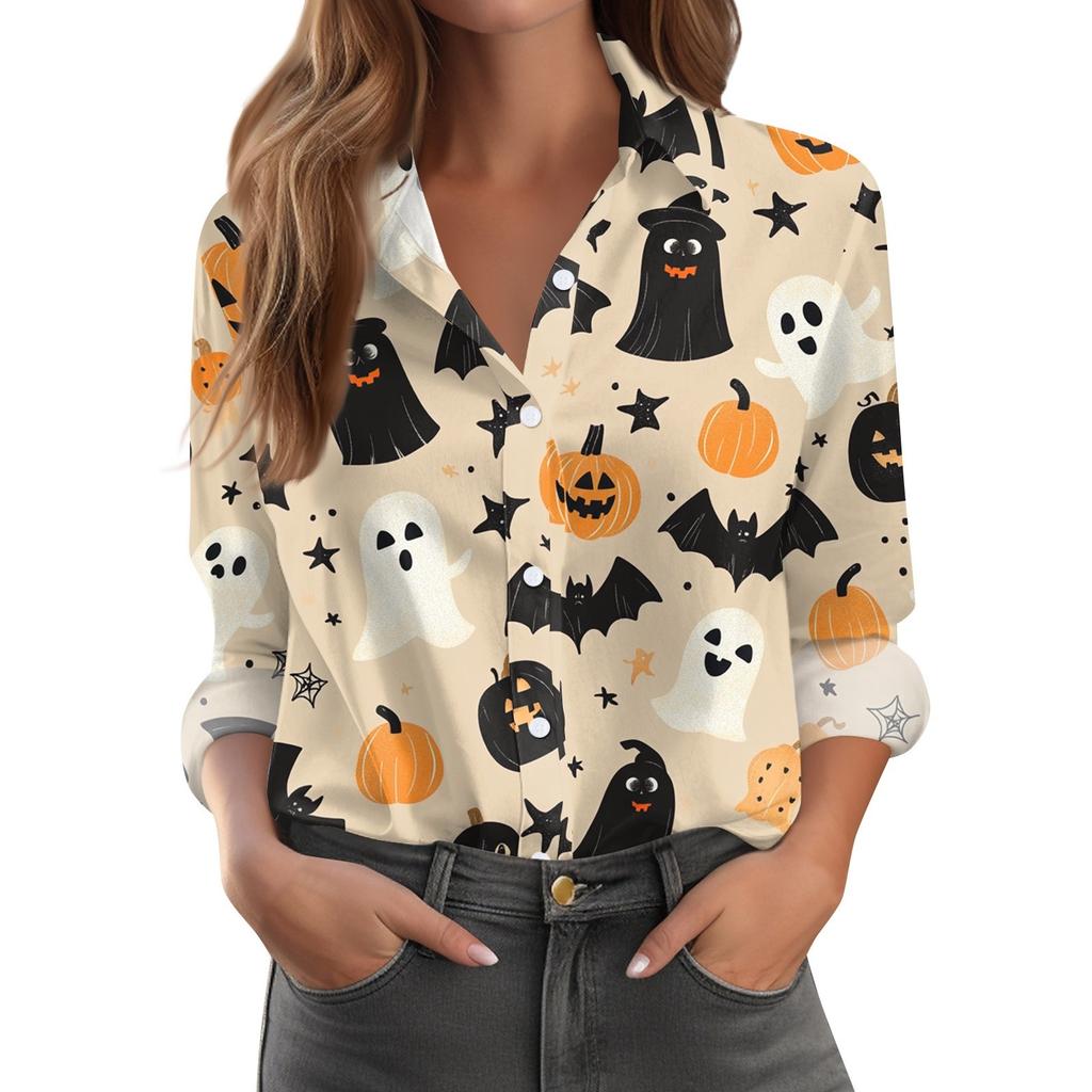 Damen Hemd Bluse Halloween Print Knopf Langarm Lässig Basic Hemdkragen Regulär Top