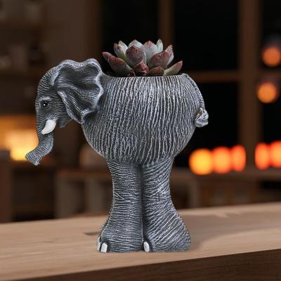 Gray Elephant Plant Pot Resin Statue Funny Display Container Cute Flower Ornament for Patio