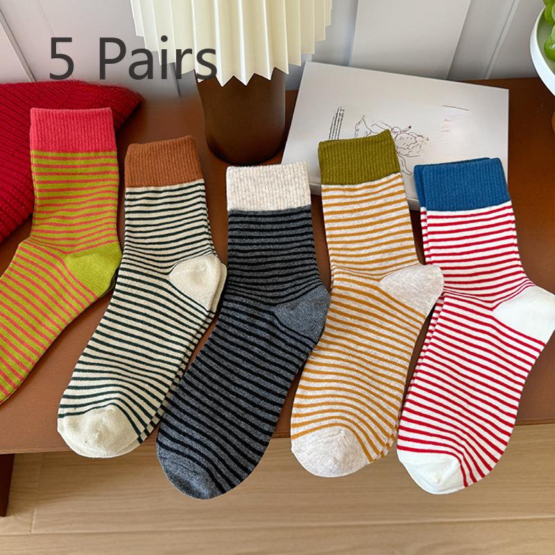 5 Pairs of Women's Spring and Autumn Color Striped Cotton Socks