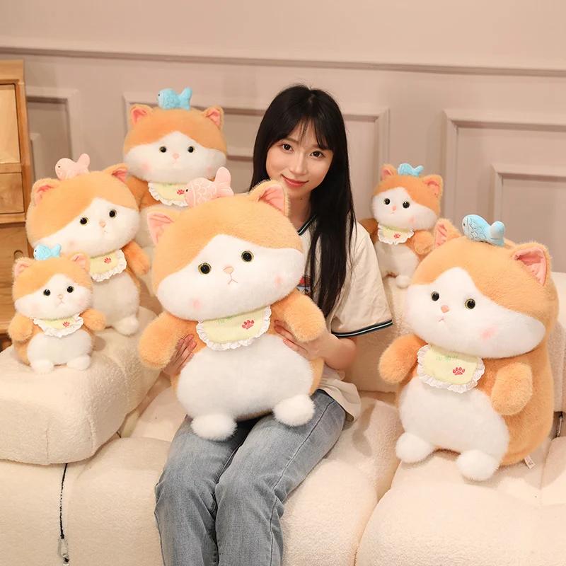 Lovely Cat With Fish Plush Toy Stuffed Fluffy Yellow Cat Kawaii Cat Soft Doll Toys For Children Birthday Gift Room Decor