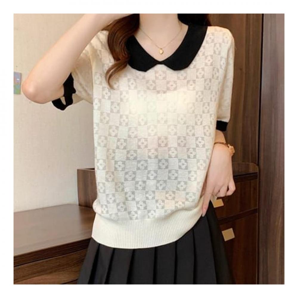 Navava Cute Lovely Check Thin Collar Short Sleeve Knit Nk2174