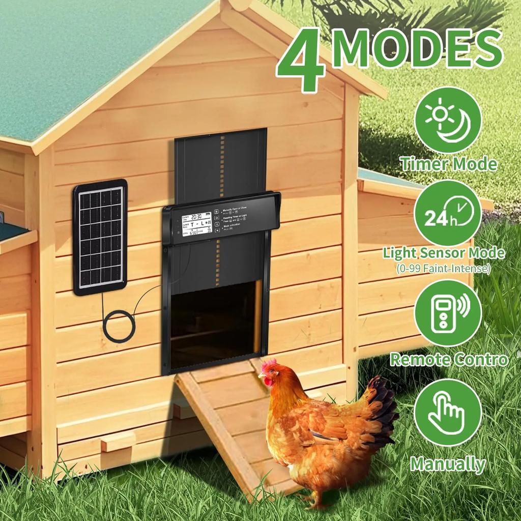 Automatic Chicken Coop Door Solar Powered with LCD Display, Automatic Chicken Door with Timer & Light Sensor - Remote Control
