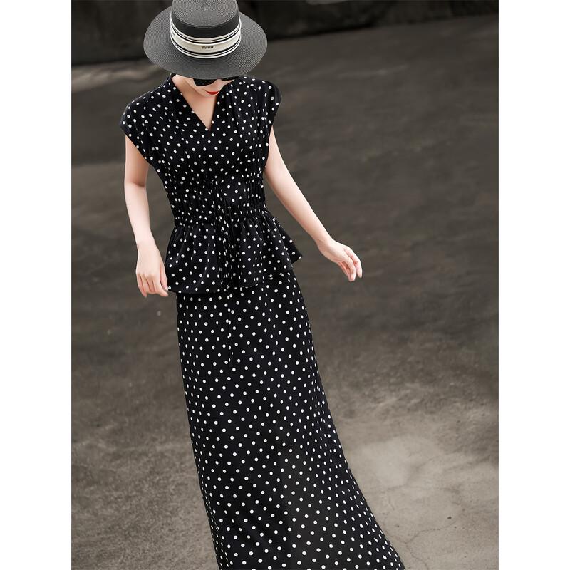 Lancer 2026 Summer French Polka Dot V-Neck Ruffle Dress L