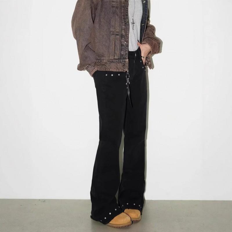Jeans Denim da Uomo a Vita Alta Gamba Dritta che si Allarga con Borchie Metalliche Orlo Usurato Streetwear