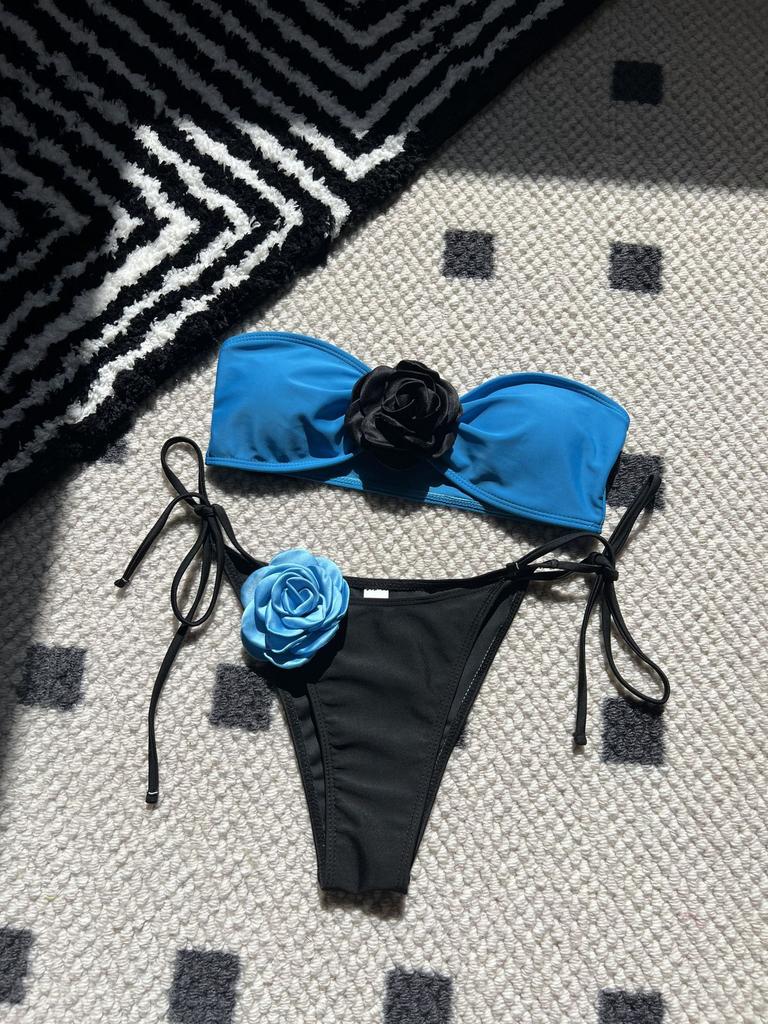 2026 Color Matching Rose Tube Top Strap Drawstring Straps Split Swimsuit Bikini